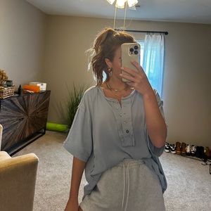 Raw Edge Henley Short Sleeve Top